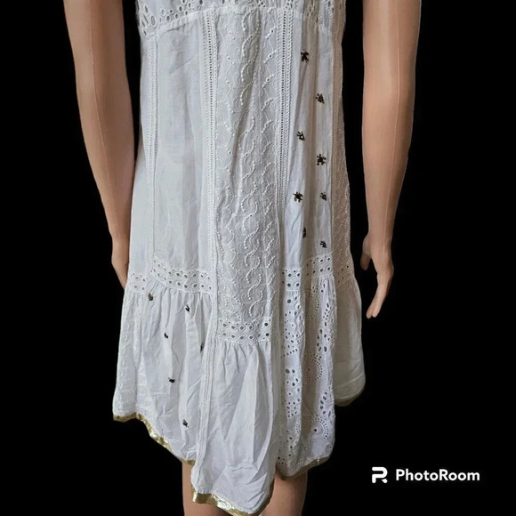 Anthropologie Leifnotes White Eyelet Gold Trim Beaded Sleeveless Dress Size 4 - Picture 4 of 16